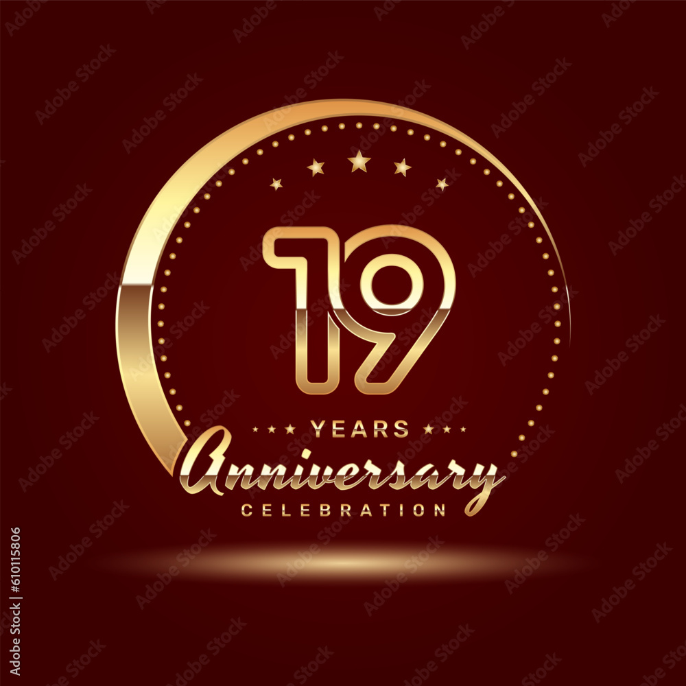 Fototapeta premium 19 year anniversary celebration logo design with a number and golden ring concept, logo vector template