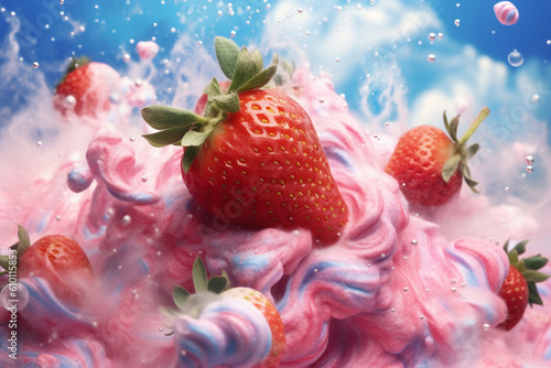 Cloudy cotton candy icecream with strawberries and berries fantasy, Generative AI