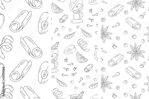 Set of 3 seamless patterns with spice ingredients and a cup of mulled wine. Hand drawn Line Art. EPS