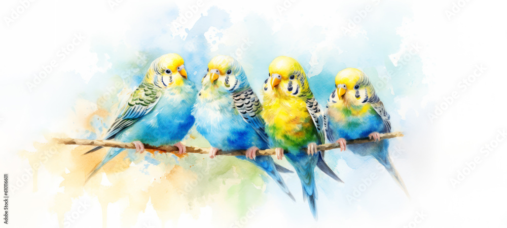 Budgie, Colorful Budgie Family. Captivating Watercolor Prints Celebrating International Budgie Day. Generative AI.	