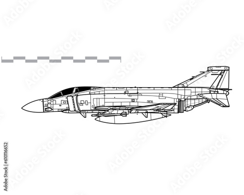 McDonnell Douglas Phantom II FG Mk1. F-4K. Vector drawing of carrier based interceptor. Side view. Image for illustration and infographics.