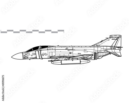McDonnell Douglas Phantom II FGR Mk2. F-4M. Vector drawing of multirole combat aircraft. Side view. Image for illustration and infographics.