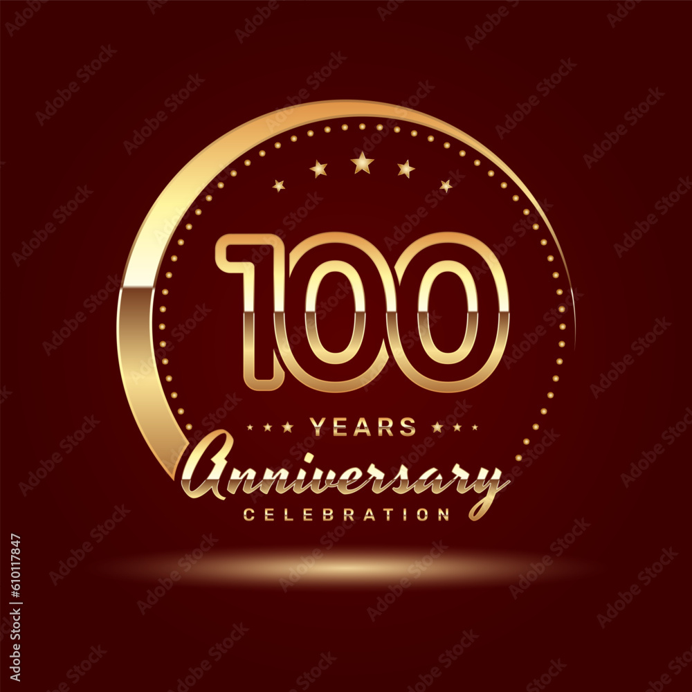 100 year anniversary celebration logo design with a number and golden ring concept, logo vector template