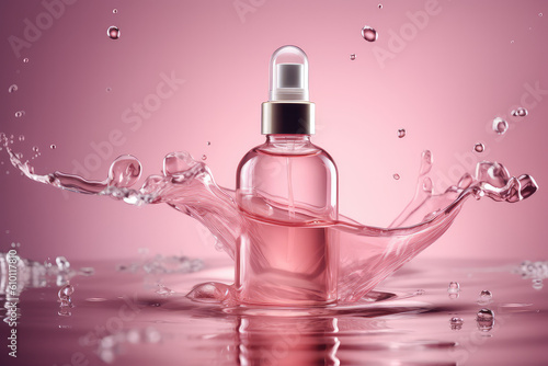 Facial Cosmetic serum mockup with rose extract. Glass bottle with pipette dispenser on pastel pink background, clear liquid, water splashes. Generative AI photo imitation. photo