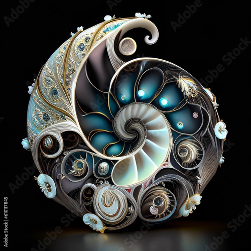 Futuristic jewelry, twisting amorphic nautilus shape, made of silver and pearl and silk and sapphire on black background.  Generative AI. photo
