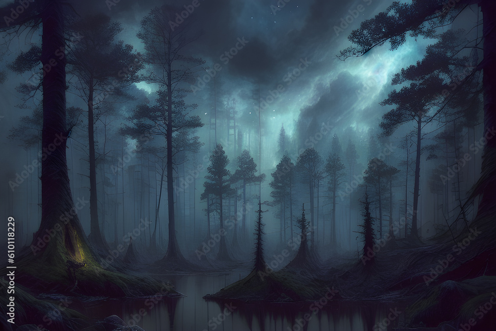 Obraz premium Beautiful fantasy forest at night. Wide angle and dark mood. Generative AI content