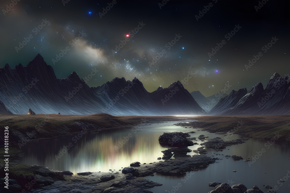 Beautiful view of the Milky Way shining in the sky in a fantasy land at night.Generative AI content