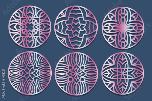 Lotus Mandala Vector Template Set for Cutting and Printing. Oriental silhouette ornament. Vector coaster design Bundle 