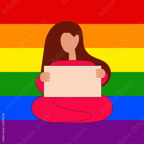 A woman meditates on the background of the lgbt rainbow flag. Pride. The concept of protest, demonstration, fight for rights. Square shape, simple flat vector colorful illustration.