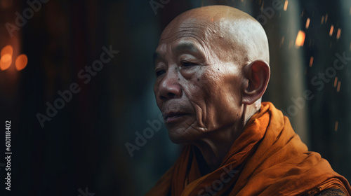 Elderly Buddhist monk in meditation with peaceful expression created with Generative AI Technology