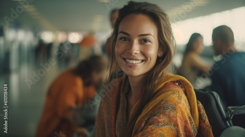 Smiling woman in airport terminal waiting for her flight created with Generative AI Technology