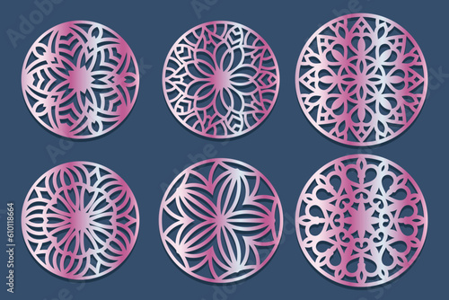 Lotus Mandala Vector Template Set for Cutting and Printing. Oriental silhouette ornament. Vector coaster design 