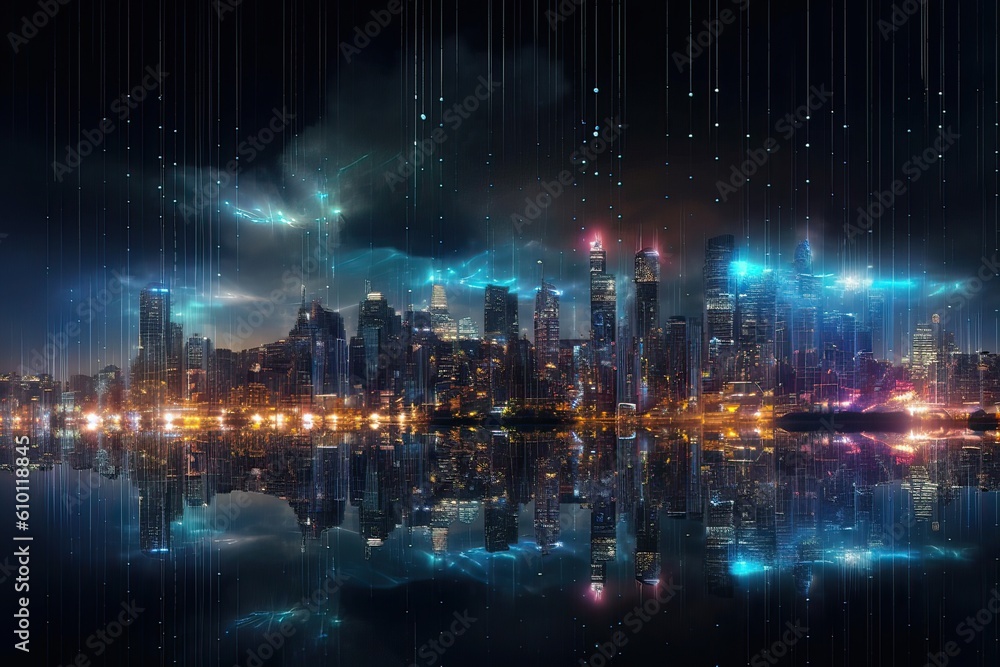 Smart and big city with particle glowing neon light connection design, big data connection technology concept. Generative Ai