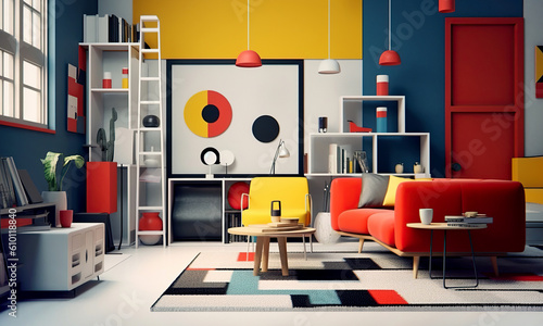 Suprematism style interior design of modern living room with abstract geometric shapes. Created with generative AI