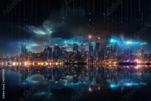 Smart and big city with particle glowing neon light connection design, big data connection technology concept. Generative Ai