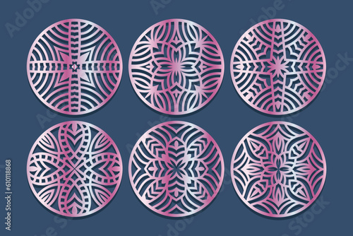 Lotus Mandala Vector Template Set for Cutting and Printing. Oriental silhouette ornament. Vector coaster design 