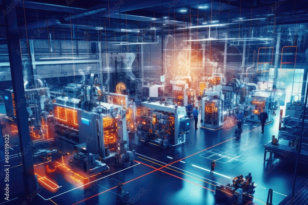 Industry 4.0 smart factory interior showcases IIoT machines, efficient workstations, and automated production lines, optimizing the manufacturing process for improved performance. Generative AI Industry 4.0 smart factory interior showcases IIoT machines, efficient workstations, and automated production lines, optimizing the manufacturing process for improved performance. Generative AI
