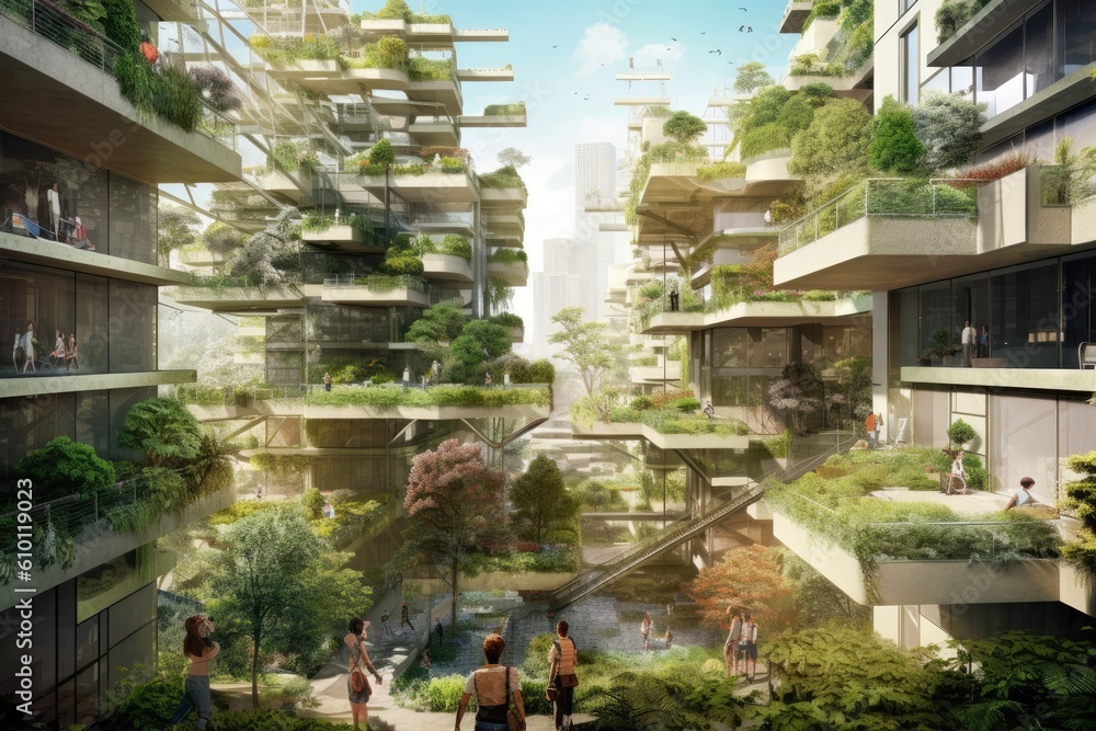 Sustainable urban design featuring eco, friendly elements. Generative AI.