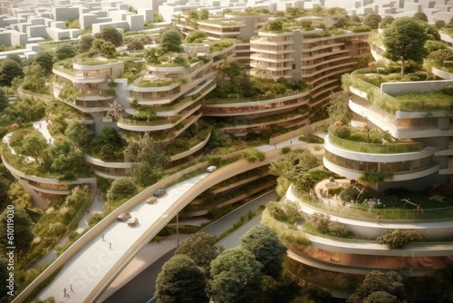 Sustainable urban design featuring eco, friendly elements. Generative AI.