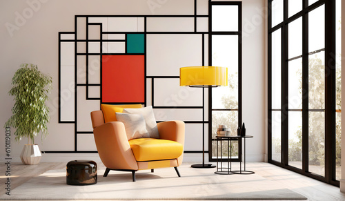 Suprematism style interior design of modern living room with abstract geometric colorful shapes. Created with generative AI photo