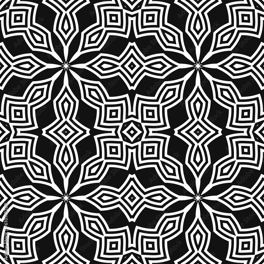 Seamless surface pattern. Symmetric geometric white color abstract on black background. Ethnic ornament wallpaper. For digital paper, page fills, web design, textile print. Vector art