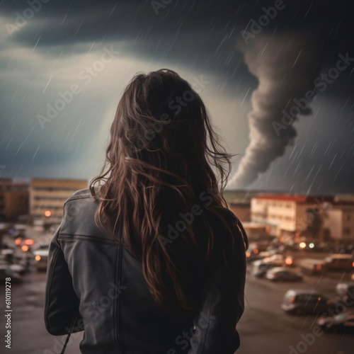 A AI generated non existing woman looking in the storm