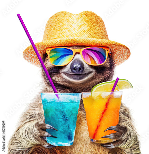 Happy and smiling sloth wearing summer hat and stylish sunglasses holding cocktail glass with delicious drink, isolated over white background. Created with generative Ai