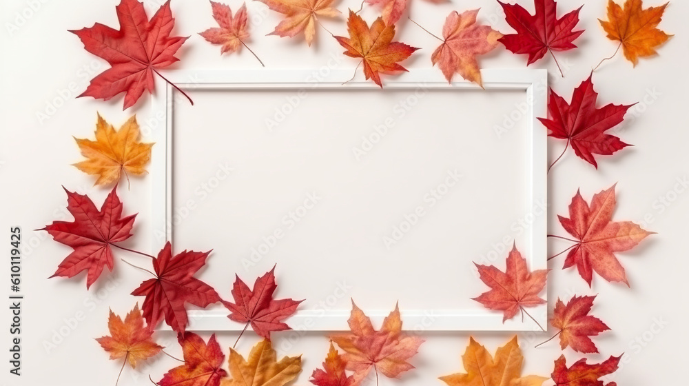 A white frame surrounded by autumn leaves. Generative AI. A white frame surrounded by autumn leaves. Generative AI.