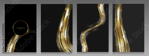 Luxury cover set, black and gold design. Brushstroke, trail, gold ribbon with sparkles and highlights on black backdrop. Abstract elegant style.