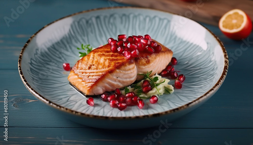Delicious grilled fish, Trout steak served with pomegranate seeds on a white plate. Healthy eating. Generative IA.