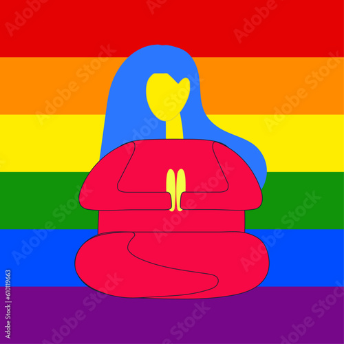 A woman meditates on the background of the lgbt rainbow flag. Pride. The concept of protest, demonstration, fight for rights. Square shape, simple flat vector colorful illustration.