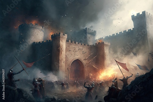 Photographie Storming of medieval castle fortress siege of city chaos