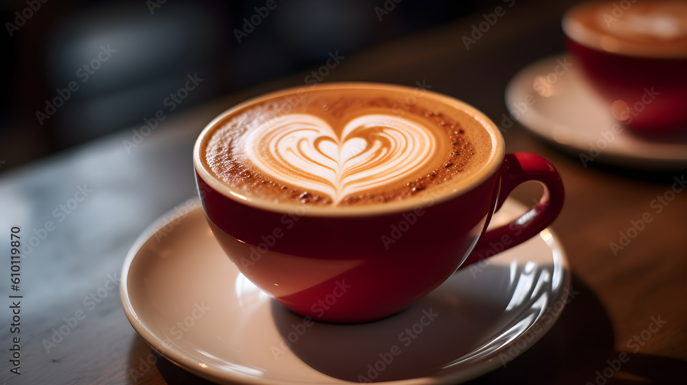 Cup of cappuccino with beautiful latte art on a wooden table and dark background. Generative AI
