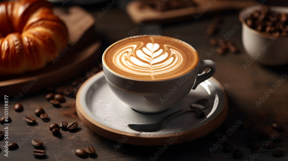 Breakfast table centered around a Cup of cappuccino with beautiful latte art on a wooden table and dark background with coffee grains scattered around. Generative AI