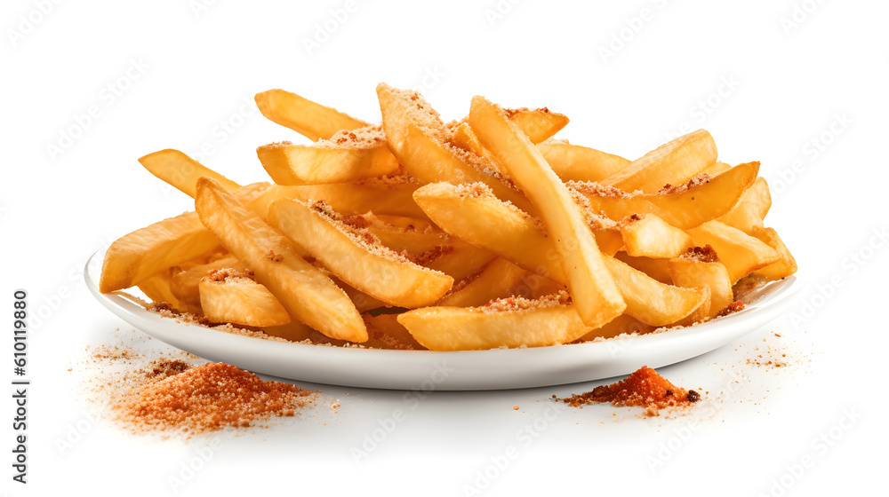 Crisp French fries on a plate seasoned with salt, pepper and paprika isolated on white background. Generative AI