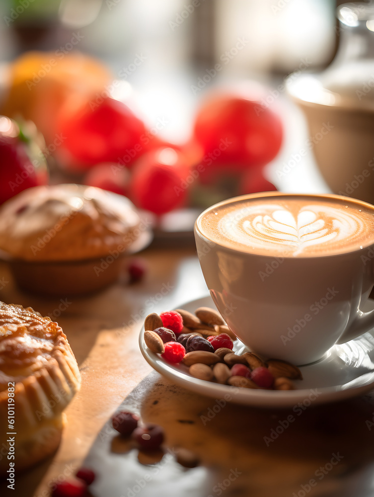 Breakfast table centered around a Cup of cappuccino with beautiful latte art on a wooden table with pies and fruit in the background. Generative AI