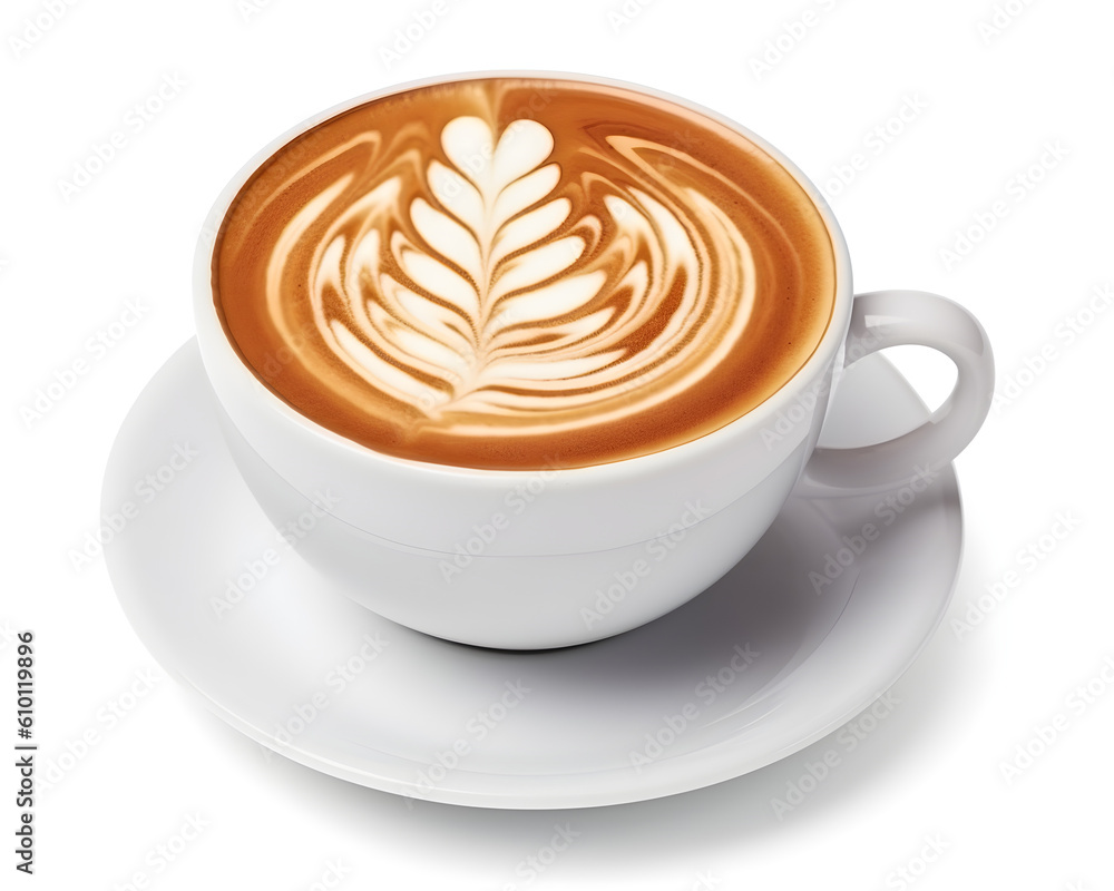 Cup of cappuccino with beautiful latte art isolated on white background. Generative AI