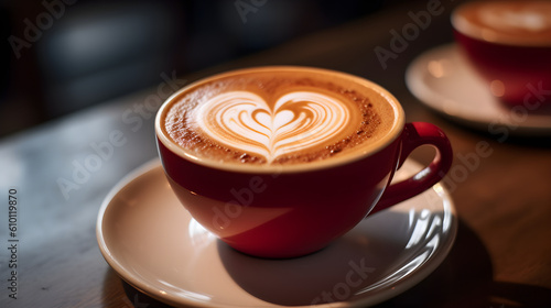 Obraz na płótnie Cup of cappuccino with beautiful latte art on a wooden table and dark background. Generative AI w salonie