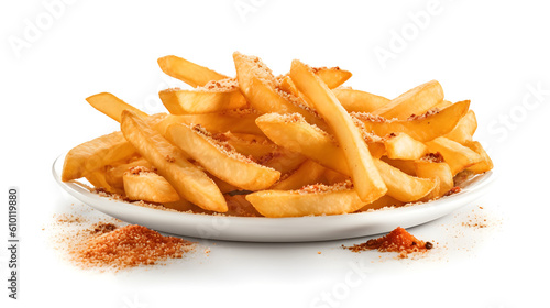 Obraz na płótnie Crisp French fries on a plate seasoned with salt, pepper and paprika isolated on white background. Generative AI w salonie