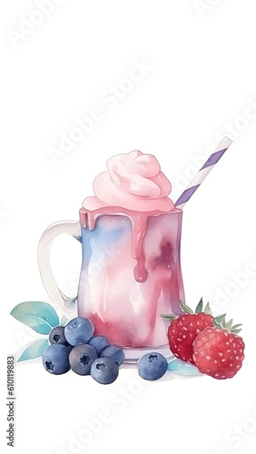 Pink strawberry milkshake with whipped cream and straw in glass. Nearby are fresh strawberries and currant. Watercolor illustration. independence day concept. AI generation Generative AI
