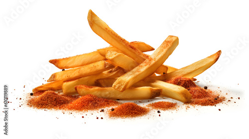 Crisp French fries seasoned with pepper and paprika isolated on white background. Generative AI