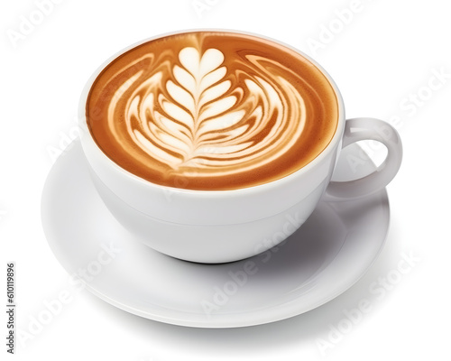 Cup of cappuccino with beautiful latte art isolated on white background. Generative AI