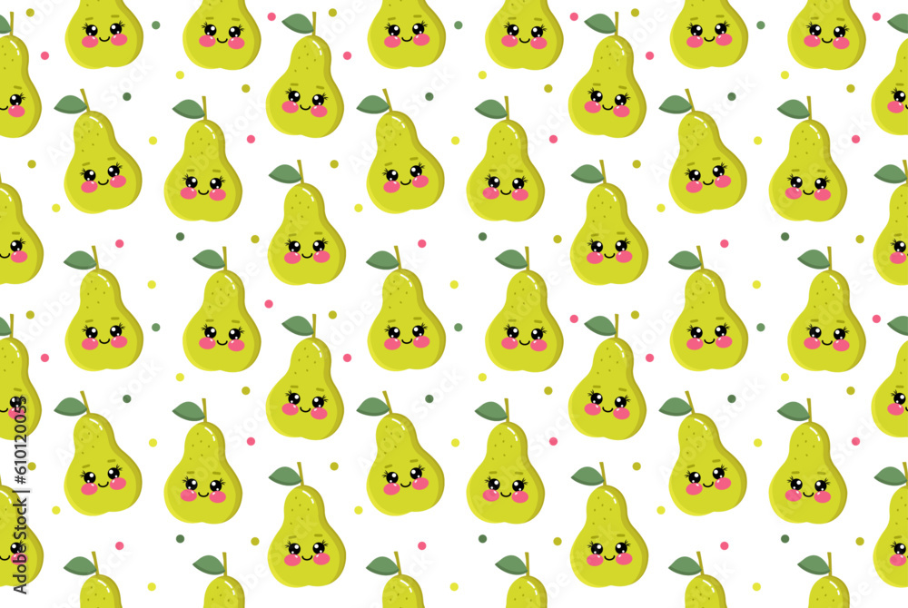 Cute summer seamless pattern with kawaii lovely pears with dots. Cheerful design for kids clothes with sweet pears fruits characters on white background Cute summer seamless pattern with kawaii lovely pears with dots. Cheerful design for kids clothes with sweet pears fruits characters on white background