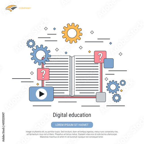 Digital education, online learning flat contour style vector concept illustration