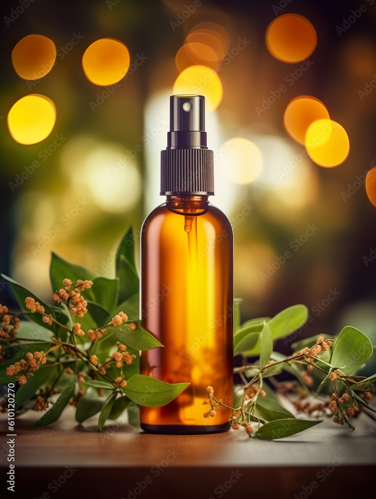 Beautiful natural styled hair and body oil spray mock-up, spray bottle on green and yellow background, cosmetic bottle front view Generative AI Beautiful natural styled hair and body oil spray mock-up, spray bottle on green and yellow background, cosmetic bottle front view Generative AI