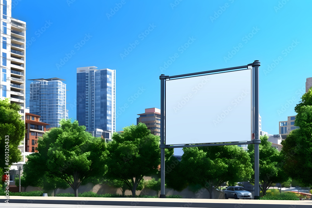 Obraz premium Blank space billboard in a beautiful modern city with blue sky - Template design theme - Generative AI