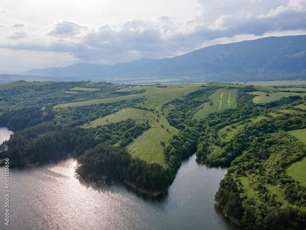 Aerial Spring view of Dushantsi Reservoir, Bulgaria