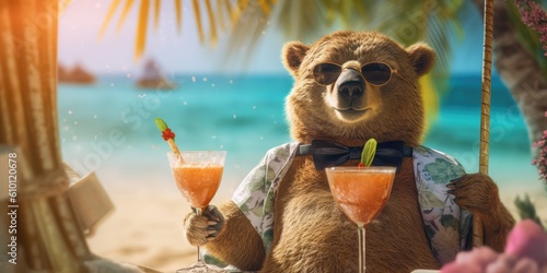 Brown Bear in sunglasses and glasses with a cocktail on tropical beach  photo