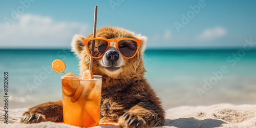 Brown Bear in sunglasses and glasses with a cocktail on tropical beach 