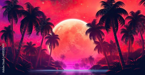 Beautiful pink night sky full of palm rees in front of 80s sunset  photo